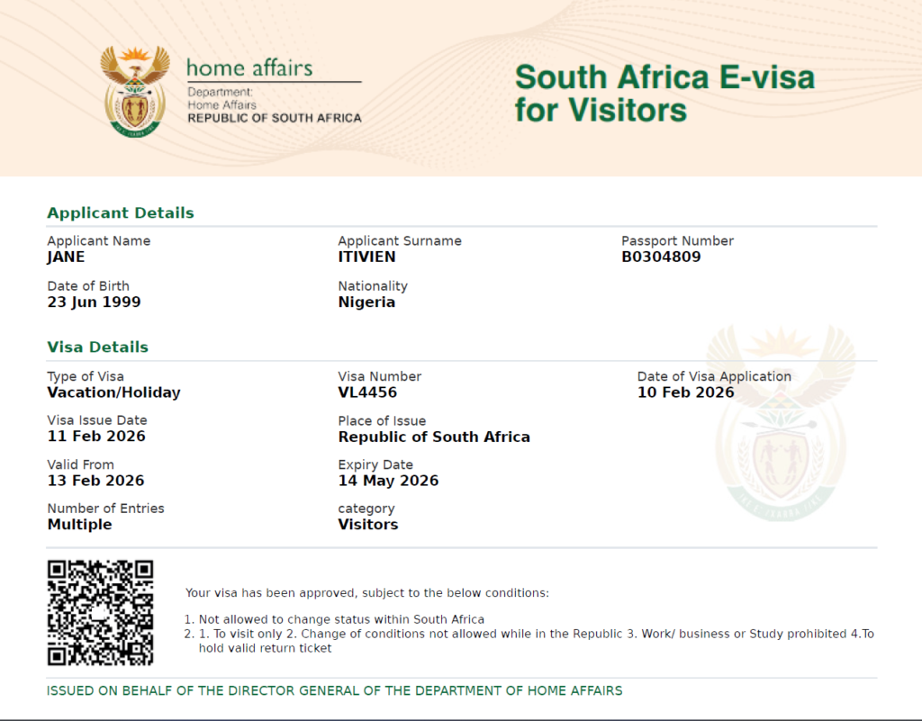 Sample of a South Africa e-visa for Nigeria