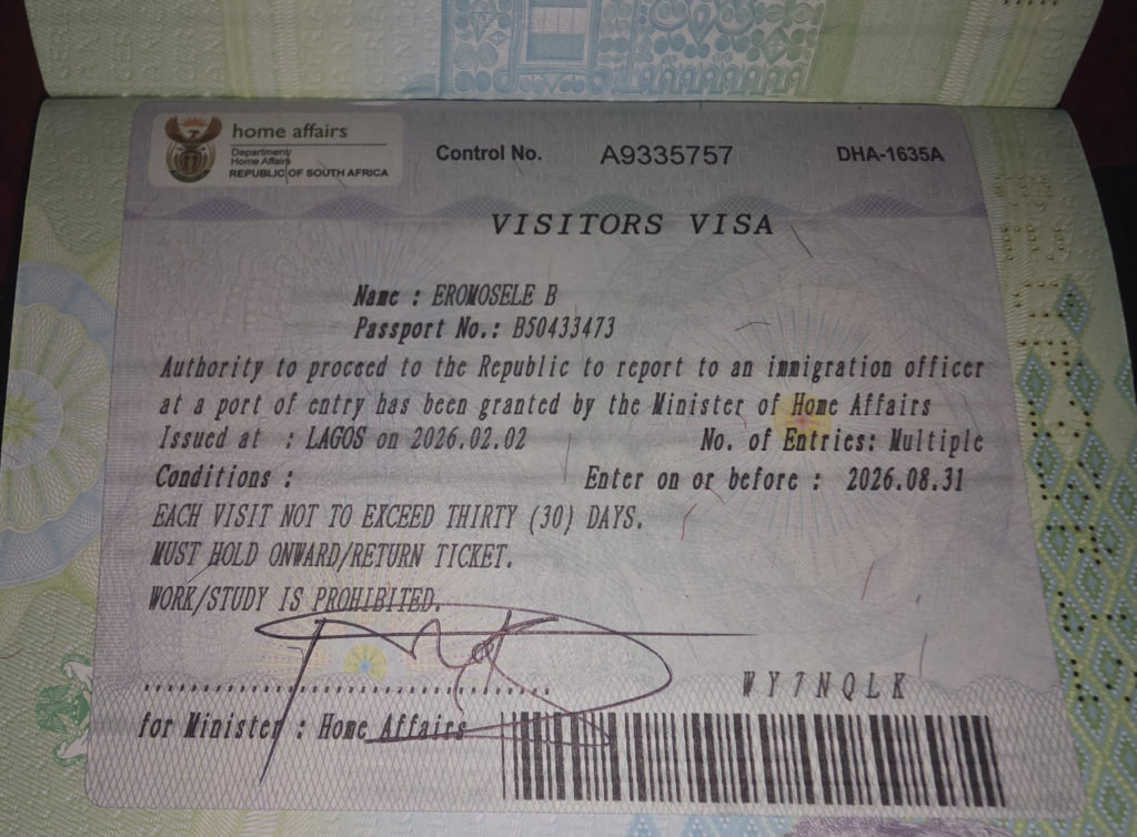 South Africa Sticker visa sample